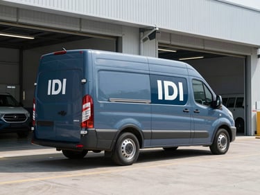 IDI branded secure transport vehicle, parked in an organized depot, clean industrial setting, bright daylight.