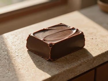 Solid block of pure ceremonial cacao paste on a stone counter, soft golden-hour light, rustic setting, 35mm