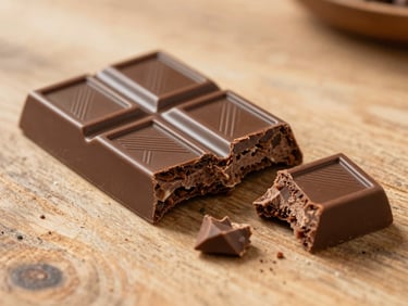 Artisanal chocolate bar broken into pieces on a rustic wooden surface, warm lighting, rich brown tones, 35mm