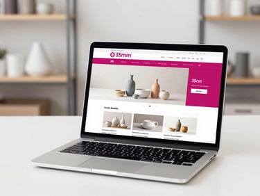 Crisp modern tech photography of a laptop showing a modern ceramic shop website, clean workshop background, bright studio lighting, 35mm