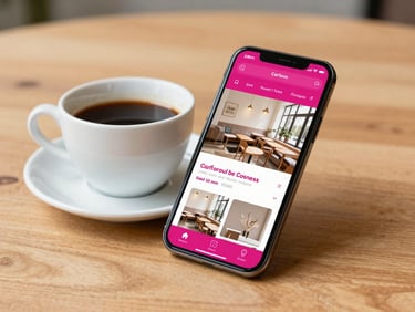 Crisp modern tech photography of a smartphone showing a coffee shop website next to a ceramic cup on a wooden table, bright daylight, magenta accents, 35mm