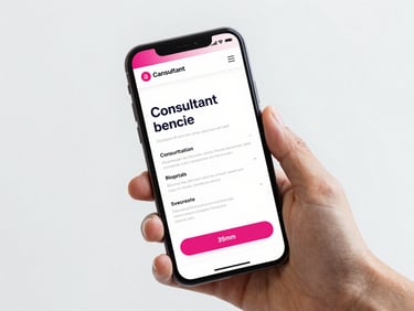 Crisp modern tech photography of a mobile phone displaying a consultant website with clean typography, held in hand, bright daylight, 35mm