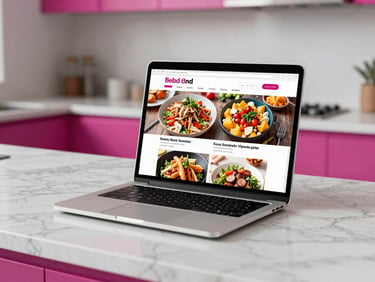 Crisp modern tech photography of a laptop displaying a vibrant food menu website on a clean marble kitchen counter, bright studio lighting, magenta accents, 35mm