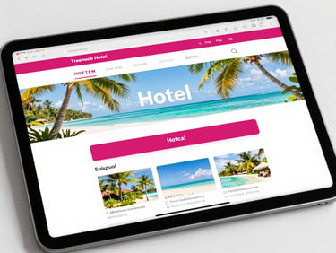 Crisp modern tech photography of a tablet showcasing a tropical hotel booking page, bright clean lighting, sharp focus, 35mm