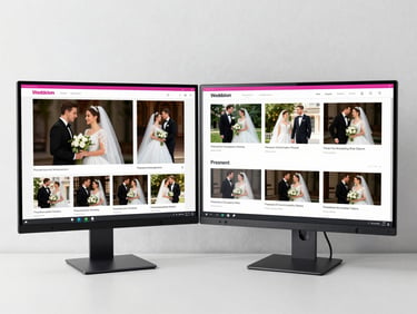 Crisp modern tech photography of a dual-monitor setup displaying a professional wedding photography portfolio, clean workspace, bright studio lighting, 35mm