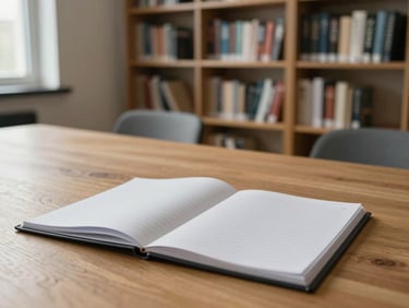Wide environmental shot of an unoccupied planning office in northern daylight, a long oak table with open folders and a ruled notepad, bookshelves in soft focus behind, calm and unhurried