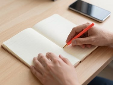 Close-up of hands organizing a clean wooden desk with a notebook and a smartphone, soft natural daylight, beige and coral tones, shallow depth of field