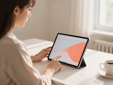 Warm editorial photograph of a professional woman focused on a tablet screen in a bright, sunlit home office, soft shadows, beige tones, 35mm