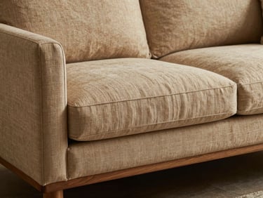 A close-up of a warm linen upholstered sofa with solid oak legs, soft side lighting highlighting the fabric weave