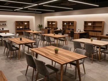 A wide angle shot of the Usha physical showroom floor at dusk, warm lighting highlighting walnut dining tables and structured office setups.