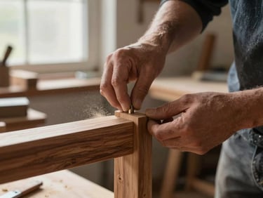 A craftsman's hands carefully aligning a mortise and tenon joint on a solid walnut chair frame, soft workshop window light, sawdust particles in the air.