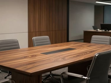 A clean architectural shot of a modern office executive suite featuring a solid hardwood conference table and structured chairs, soft directional light.
