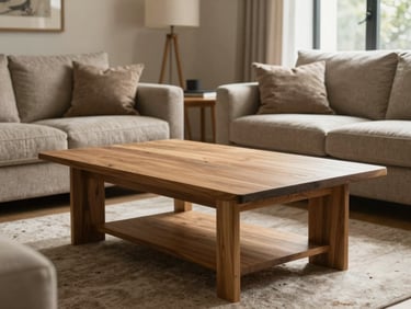 A styled residential living room vignette with a solid oak coffee table and a warm linen sofa, soft natural light streaming from a side window.