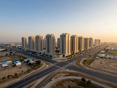 Expansive landscape view of DHA City Karachi development, structured roads, clear horizon, golden hour light