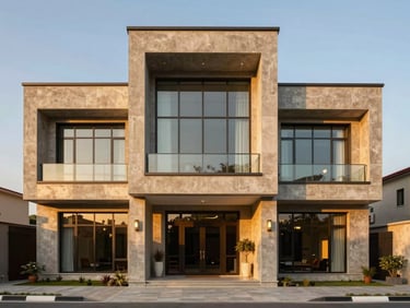 Symmetrical architectural shot of a modern luxury villa in DHA Phase 8, sharp concrete lines, golden hour light reflecting off glass facade