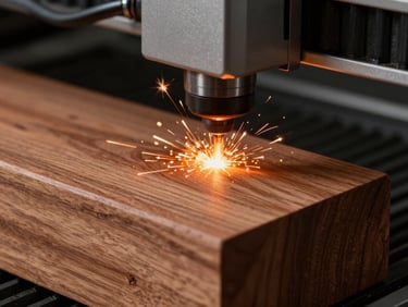 Macro close-up of an industrial laser cutter piercing a solid cherry wood block, bright orange spark at the focal point, deep shadows highlighting the precise wood grain.