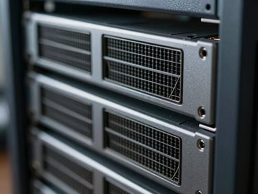 High-detail macro shot of physical hardware and server racks, cool natural daylight, sharp architectural shadows.