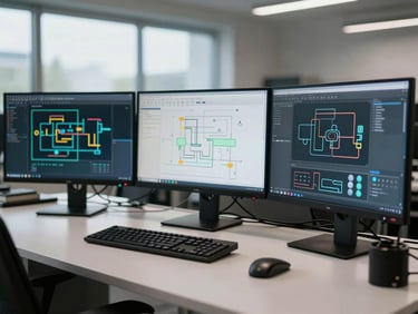 Real engineering workspace with complex multi-monitor setups displaying system architecture diagrams, cool daylight.