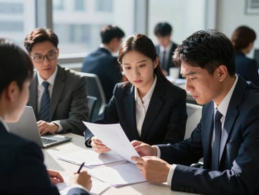 Legal team reviewing documents with a client in a busy district office, high-contrast natural light, focused expressions, 35mm