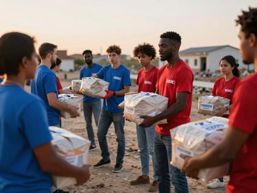 Group of diverse volunteers distributing aid packages in a disaster-affected area, dynamic action shot, warm golden-hour light, red and blue undertones, 35mm