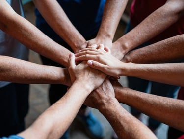 Close-up of hands clasped in a gesture of solidarity during a community workshop, dynamic natural light, red and blue undertones, 35mm