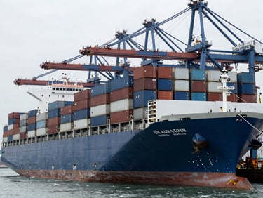 Wide environmental shot of massive container ships docked at an industrial port, cool steel tones, overcast daylight, high-contrast crisp details, 35mm lens.