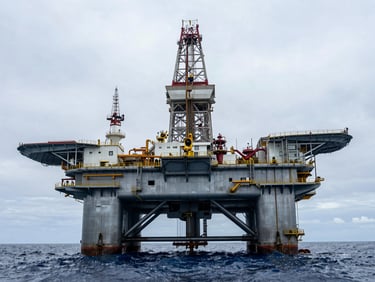 An offshore oil rig operating in the Gulf of Mexico under high-contrast overcast daylight, cool metallic surfaces, powerful perspective.