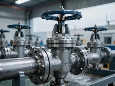 Close-up of high-specification steel industrial valves and heavy machinery components in a clean warehouse, cool steel tones, dramatic lighting.
