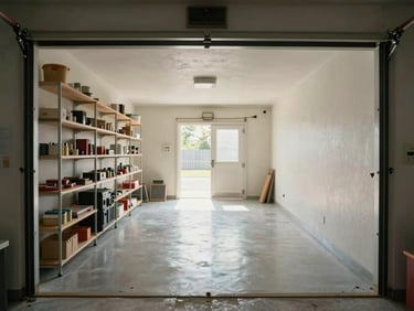 Full-width after shot of a fully reclaimed garage — sealed and clean floor, organized shelving system along one wall, painted walls, open center space, natural daylight from the door. Shot from the street looking straight in to show depth.