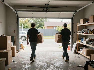 Wide environmental shot of a two-car garage interior mid-cleanout, crew members carrying boxes and debris toward the open garage door, natural daylight flooding in from outside, concrete floor visible and dusty, shelves half-cleared, authentic work-in-progress documentary framing