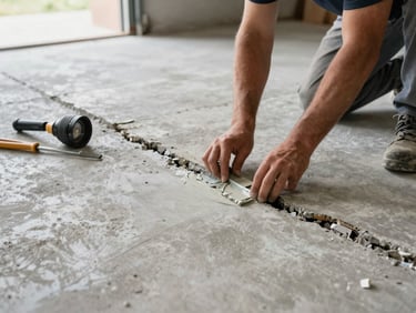 Close-up documentary shot of a crew member patching a crack in a bare concrete garage floor, natural daylight from an open garage door, repair compound visible, tools laid out beside the worker, honest work-in-progress framing with no staging