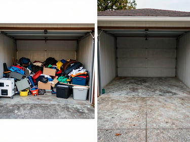 Before and after diptych of a weekend garage cleanout — left panel shows a cluttered mid-size garage, right panel shows the same space cleared with swept concrete floor, natural daylight. Environmental, documentary, no styling.