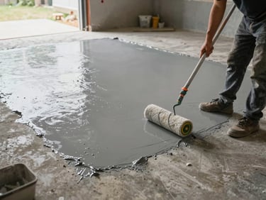 Documentary shot of a garage mid-project — floor coating being applied by a crew member with a roller, fresh gray epoxy spreading across bare concrete, natural daylight from the open bay door. Work-in-progress, no staging.