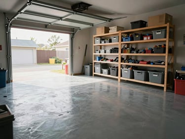 Full-width garage interior after organization is complete, shelving units loaded with neatly placed bins and tools, clean sealed floor reflecting daylight from open garage door, no labels or styling props visible, honest documentary shot showing depth and usable floor space