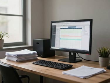 Wide environmental shot of a calm organized home office desk at end of day, monitor showing a workflow calendar, natural window light, no person present, papers neatly stacked