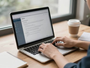 Hands typing into a CRM interface on a laptop screen, desk organized with a notepad and a coffee cup, soft natural daylight from an office window, tight mid-distance framing