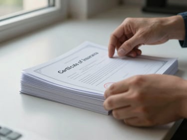 Close-up of hands sorting a stack of Certificates of Insurance on a clean desk, papers fanned slightly, natural daylight from a side window, no faces visible