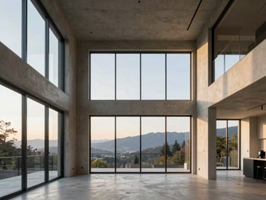 Minimalist loft interior, high ceilings, concrete accents, large windows with Monterrey mountain views, professional photography