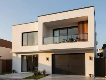 Modern high-end residential house facade in Monterrey, clean lines, warm golden hour sun