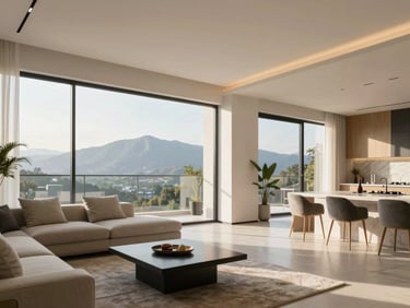 Bright modern luxury apartment interior in Monterrey, large windows with mountain views, clean minimalist design, high-end furniture