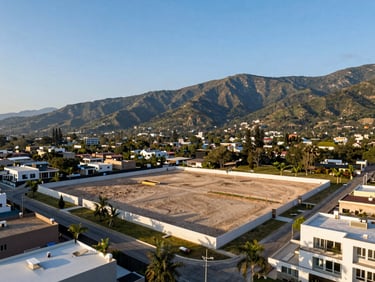 Aerial view of a premium empty residential land plot in Monterrey, surrounded by green mountains, clear blue sky, ready for construction