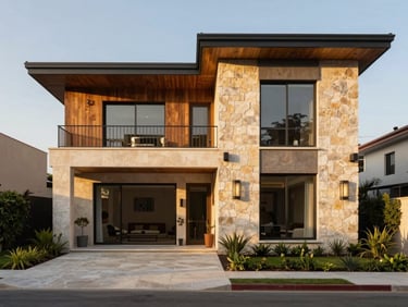 Contemporary luxury house facade in Monterrey, warm golden hour light, stone and wood architectural details, manicured garden