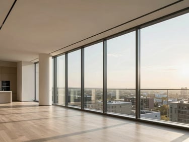 Bright modern luxury apartment interior, floor-to-ceiling windows, natural light, minimalist styling