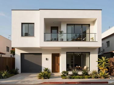 Bright contemporary house facade in Monterrey, clean lines, small garden, sunny day, professional architectural photography