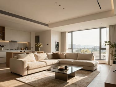 Modern luxury apartment interior, bright living room, neutral colors, warm sunlight, professional architectural photography