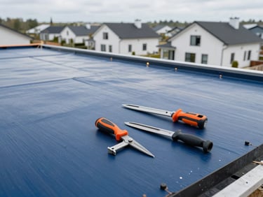 High-angle shot of a flat roof membrane installation, professional tools, soft overcast daylight, professional construction photography, 35mm
