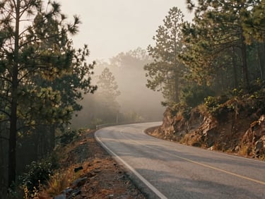 Winding mountain road bordered by tall pine trees under soft morning mist, cinematic perspective