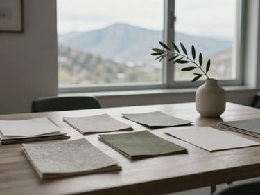 Wide-angle editorial shot of a minimalist design studio desk in Park City, soft overcast mountain light coming through a large window, textured paper samples and a single olive branch in a ceramic vase, 35mm.
