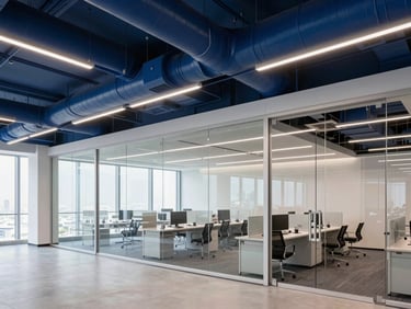 Modern corporate office interior in Business Bay Dubai, exposed high-tech HVAC ducts painted in dark blue, clean glass partitions, professional lighting