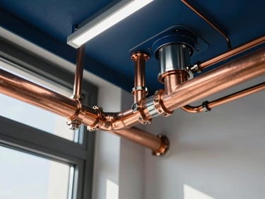 Close-up macro shot of precise copper pipework and clean HVAC installations in a modern Dubai residential building, architectural lighting, showcasing technical engineering precision.